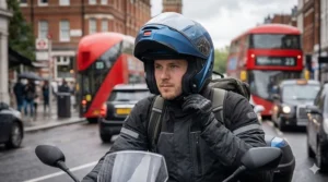 Alt text for image 3: A close-up view of the ECE 22.06 safety certification label on the padded interior of a UK-legal motorcycle helmet.