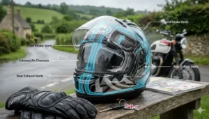 Cutaway view illustrating internal airflow channels and exhaust vents, optimised for comfort and mist-free vision in the British climate.