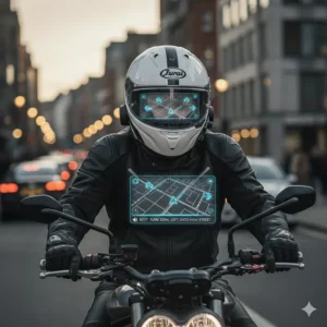 A rider in the city receiving turn-by-turn GPS navigation instructions through internal helmet speakers while commuting.
