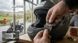 A high-definition shot of a quick-release micrometric chin strap fastener, commonly preferred by UK touring and commuting riders.