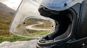 Close-up of a motorcycle helmet visor featuring a Pinlock anti-fog insert, showing how it prevents misting in cool, damp British riding conditions.