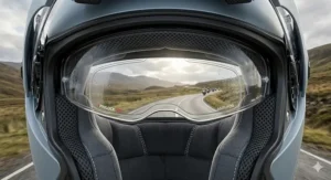 Close-up of a touring motorbike helmet showing the ECE 22.06 safety rating and the ACU Gold sticker.