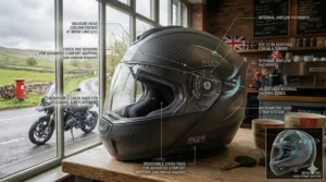 A step-by-step visual guide on how to measure head circumference in centimetres for a correct British helmet fit.
