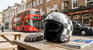 A classic open-face motorcycle helmet with a drop-down sun visor, ideal for urban commuting in warm weather.