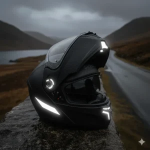 Close-up side profile of a dark motorcycle helmet displaying integrated reflective detailing to improve rider visibility during dim, rainy evening commutes.