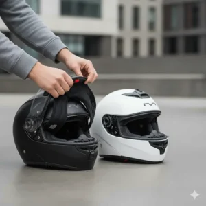 Close-up of hands carefully unshipping the cheek pads from a full-face motorcycle helmet.