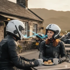 Two British motorcyclists parked at a roadside café, demonstrating the mesh intercom connection between their Bluetooth-enabled helmets.