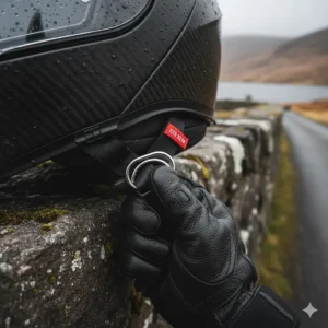 A close-up shot of a rider securing the ECE 22.06 certified double-D ring chin strap on their motorcycle helmet, ensuring a safe and secure fit for the road.