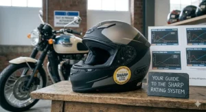 Close-up illustration of the official yellow and black SHARP 5-star sticker found on the back of certified motorcycle helmets.