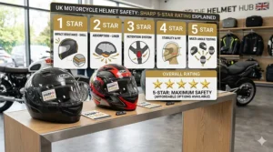 A detailed infographic providing a visual breakdown of the UK government’s SHARP 5-star safety rating system for motorcycle helmets, explaining the five key testing categories.