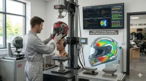 An illustration of the rigorous SHARP helmet testing process in a laboratory, showing a technician preparing a helmet for an impact and energy absorption test.