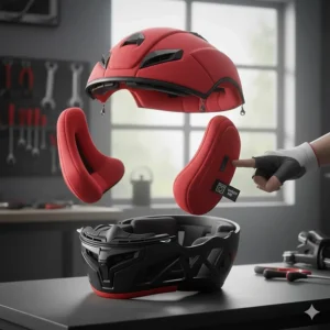 Motorbike helmet with an integrated drop-down sun visor for protection against glare during long-distance touring.