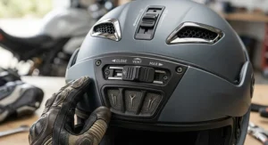 Internal view of a motorcycle visor fitted with a Pinlock anti-fog insert to prevent misting during wet weather riding.