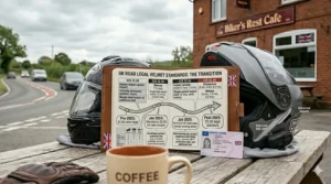 An open leather-bound timeline journal on a wooden table detailing the UK road legal transition between ECE 22.05 and ECE 22.06 standards, positioned between two comparison modular helmets, with a UK driving license nearby.