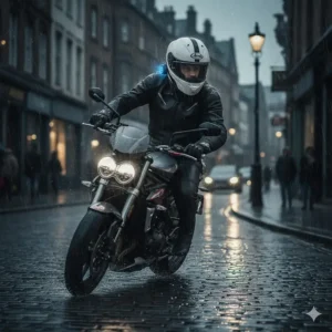 A motorcycle helmet with built-in Bluetooth being used in typical British rainy weather, highlighting the waterproof electronics.