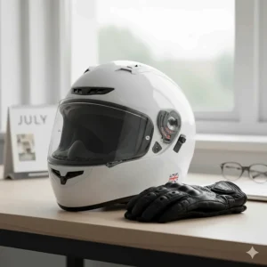 A white ventilated full-face helmet which reflects heat, positioned next to a pair of summer riding gloves.
