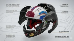 Illustration showing the reinforced safety zones of an ACU Gold approved helmet designed for high-speed track impacts.