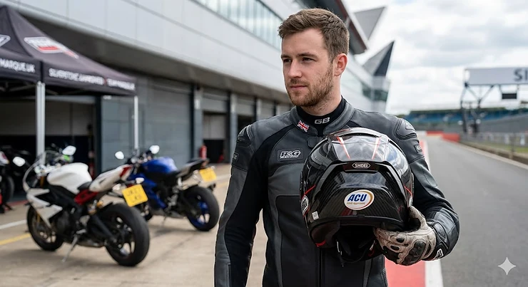 A rider at a British circuit holding a full-face motorcycle helmet with the official ACU Gold approval sticker visible for track day eligibility. ACU Gold helmets for track days