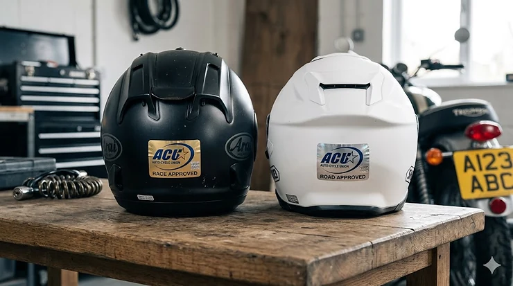 A close-up comparison of the ACU Gold and ACU Silver stickers on the back of two motorcycle helmets, showing the official UK track and road safety certifications. ACU Gold vs ACU Silver helmet