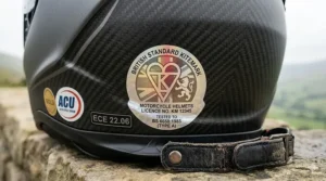 Alt text for image 8: Close-up of the British Standard Kitemark hologram on a carbon fibre helmet, a mark of quality and safety for the UK market.