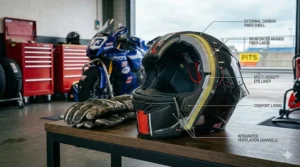 Alt text for image 7: Cross-section showing the lightweight carbon fibre shell construction of an FIM homologated helmet.