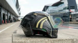 Technical cross-section illustration showing the multi-composite carbon fibre and aramid layers of a professional racing helmet shell.