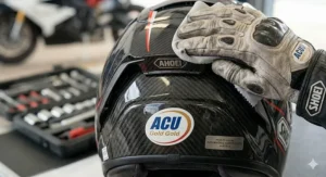 Detailed view of the carbon fibre weave and advanced composite matrix shell of a premium ACU Gold motorcycle helmet.