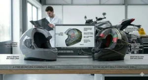 A detailed cross-section comparison between a 4-star polycarbonate helmet shell and a 5-star multi-composite fibre matrix shell.