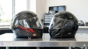 A side-by-side comparison of standard ECE 22.06 road legal stickers and the ACU Gold racing certification.