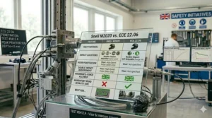 A comparison table of Snell vs ECE 22.06 safety features, including impact speeds, rotational testing, and UK road legality for motorcyclists.