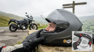 Alt text for image 6: A guide showing the correct fit of a motorcycle helmet, highlighting secure cheek pad pressure and crown contact for maximum rider safety.