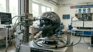 Technical drawing showing a motorcycle helmet fitted with an integrated sun visor and intercom system, being tested under ECE 22.06 regulations to ensure accessory safety.