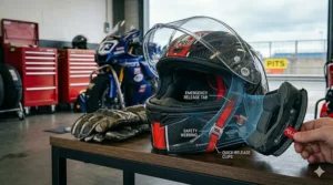 Alt text for image 6: Illustration of emergency quick-release cheek pads on a professional track racing helmet.