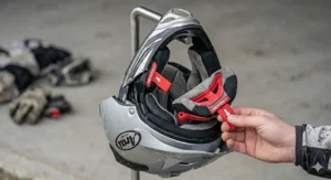 An illustration of the red emergency pull tabs on the underside of a helmet's lining, a key safety feature for competitive UK off-road riding.