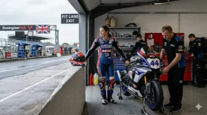 Side view of a racing helmet undergoing aerodynamic wind tunnel testing to reduce drag at high speeds.