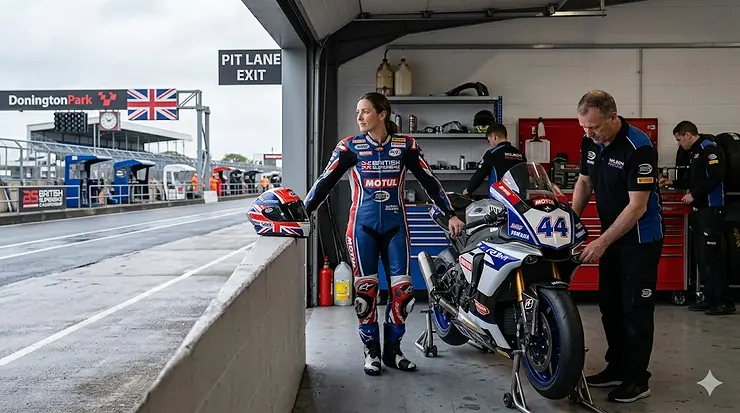 A close-up of a professional motorcycle racing helmet showing the official FIM gold authentication hologram required for track racing in the UK. FIM racing helmets