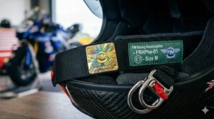 Alt text for image 2: Close-up of the FIM racing homologation label sewn onto a motorcycle helmet chin strap.