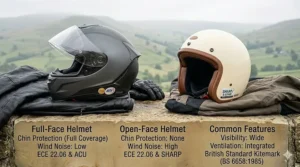 Alt text for image 9: A comparison between a full-face and open-face helmet, highlighting differences in chin protection and SHARP star ratings.
