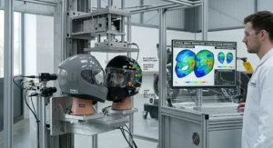 A comparative diagram showing the reinforced composite shell and multi-density EPS liners that provide superior side impact protection in 5-star helmets.