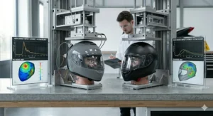 A scientific comparison showing G-force data and impact absorption graphs for SHARP 4-star versus 5-star rated motorcycle helmets.