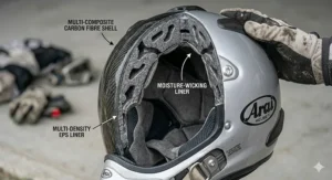 A studio shot of a lightweight composite off-road helmet, highlighting the aerodynamic shell shape preferred by UK cross-country riders.