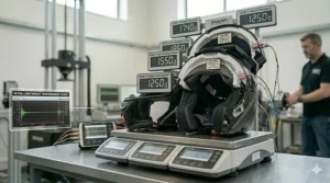 A photorealistic, high-resolution illustration of a technical weight comparison chart and performance graph for modular helmets within a safety lab environment.