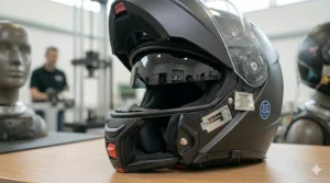 A photorealistic, highly detailed close-up illustration of the intricate internal mechanism and red release slider of a matte grey modular motorcycle helmet's deployable sun visor.