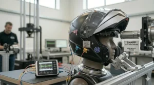 A 4K, photorealistic photograph of a matte black modular helmet on a test headform, undergoing a controlled side impact test at a specific point on the shell within a safety research lab.
