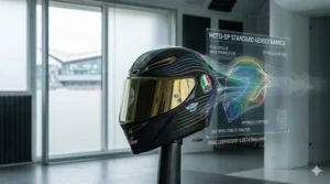 Photorealistic wind tunnel simulation showing airflow over a MotoGP standard helmet spoiler to reduce buffeting at high speeds.