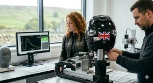 A high-detail 4K view inside a British safety laboratory showing the specific Arai full face helmet being prepared for impact testing on a professional rig.