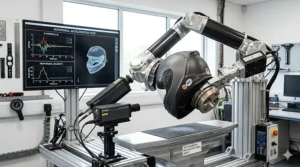 Alt text for image 5: A technical laboratory setting showing a motorcycle helmet undergoing a rotational acceleration test to meet modern safety certifications.