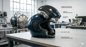 A British motorcycle rider at a track day paddock wearing a Snell M2020 certified helmet while preparing for a session on a grey circuit.