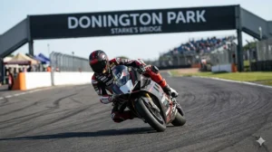 A motorcycle racer leaning into a corner at a British circuit wearing a safety-certified ACU Gold racing helmet.