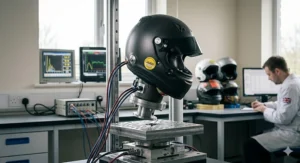 A Snell certified helmet mounted on a specialised test rig within a British safety testing facility with a technician visible in a white lab coat.